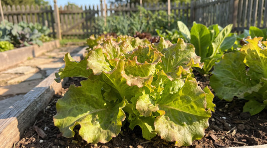 A healthy Prizehead lettuce with frilly green leaves tinged red-bronze at the edges in a sunny garden