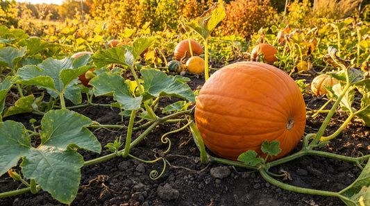 How to grow pumpkins: a ripe orange pumpkin on the vine