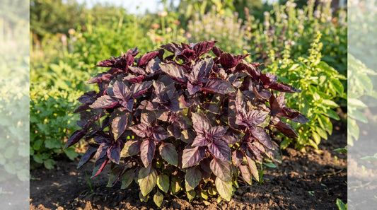 A full-grown Dark Opal purple basil plant with deep-purple leaves in a sunny garden