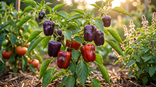 Purple Beauty pepper plant with deep purple fruit