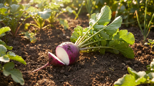 Purple Beauty radish freshly pulled in a sunny garden