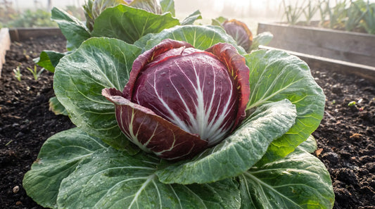 How to grow radicchio: a mature burgundy radicchio head in the garden