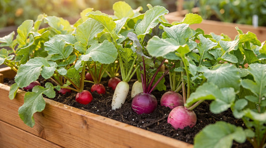 Home garden bed of radishes in red, white, purple and pink