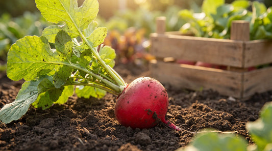 Red Arrow radish freshly pulled in a sunny garden
