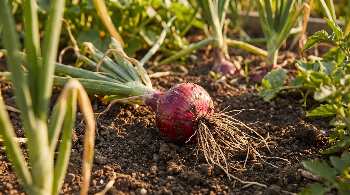 A freshly pulled Red Burgundy onion showing its flat deep-red bulb and roots