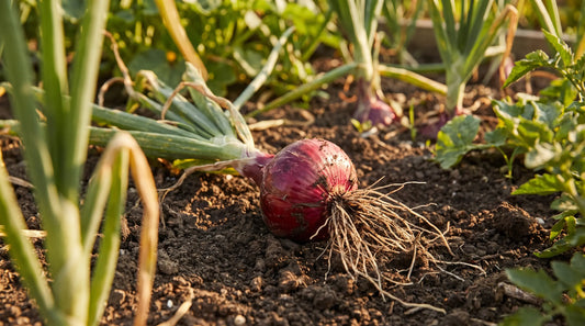 A freshly pulled Red Burgundy onion showing its flat deep-red bulb and roots