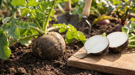 Round Black Spanish radish freshly pulled in a sunny garden