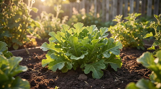 A healthy Royal Oakleaf loose-leaf lettuce with deeply lobed green leaves in a sunny garden