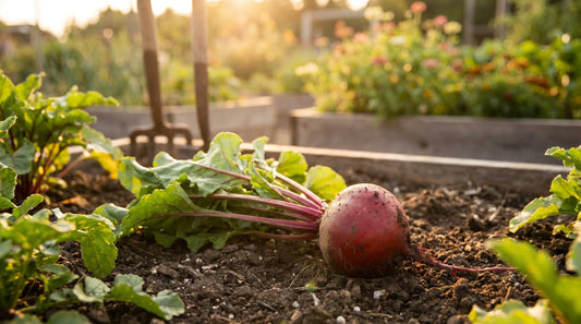 A Ruby Queen beet with a smooth, round deep-red root and green tops in a sunny garden.
