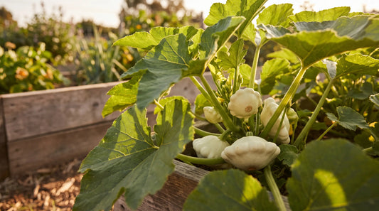 Scallop Early White Bush patty-pan squash plant with white scalloped fruit
