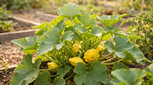 Scallop Yellow Bush patty-pan squash plant with bright yellow scalloped fruit