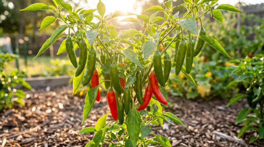 Serrano pepper plant with ripe fruit