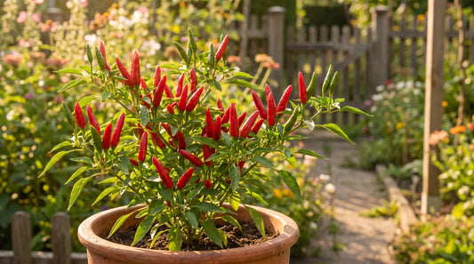 Small red chili pepper plant with ripe fruit