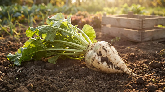 A white Sugar beet with a large tapered white root and green tops in a sunny garden.
