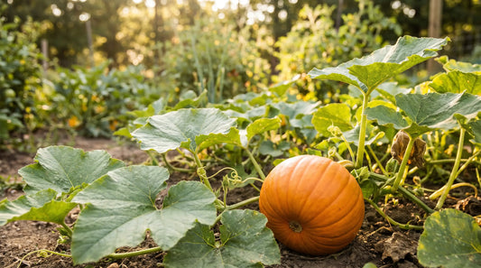 Sugar pie pumpkin ripening on the vine