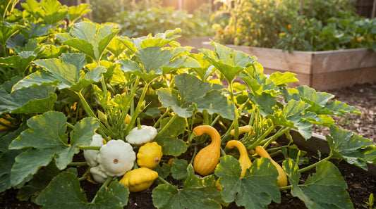 A thriving home garden bed of summer squash plants with scallop, yellow, and crookneck fruit