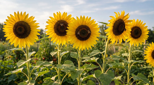 Mature sunflowers in full bloom in a backyard garden