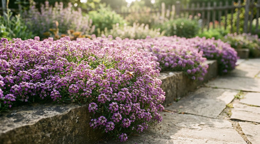 A carpet of purple sweet alyssum spilling over a garden bed
