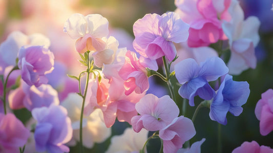 Sweet peas blooming in a sunny garden