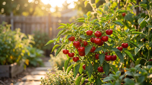Sweet Red Cherry pepper plant with small round glossy red fruit