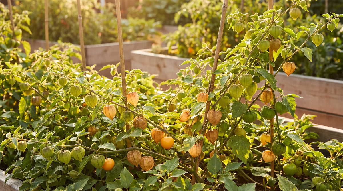 Thriving home garden bed of tomatillos and golden husk cherries in warm light