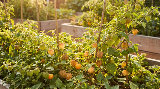 Thriving home garden bed of tomatillos and golden husk cherries in warm light