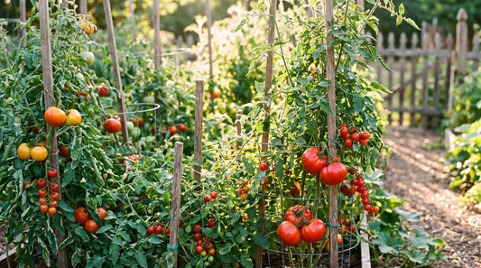 Tomato plants heavy with ripe red, yellow and orange tomatoes in a sunny garden bed