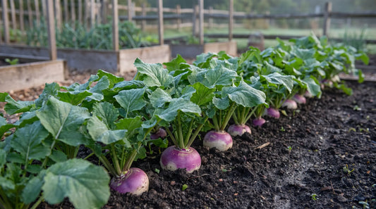 Row of turnips with leafy green tops in a garden bed