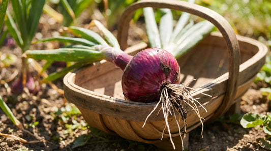 A freshly pulled Violet de Galmi onion showing its purple heirloom bulb and roots
