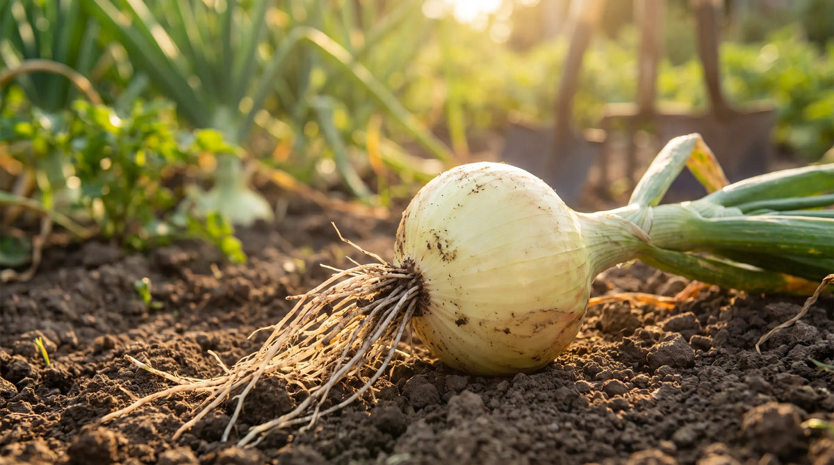 A freshly pulled Walla Walla onion showing its large sweet yellow bulb and roots