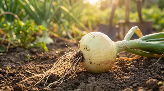 A freshly pulled Walla Walla onion showing its large sweet yellow bulb and roots