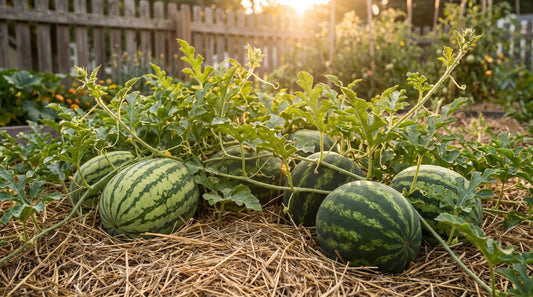 Home garden bed of ripening watermelons on the vine in warm golden light