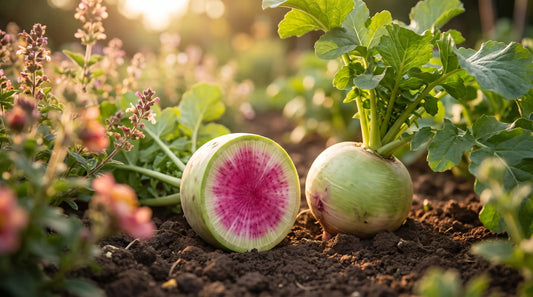 Watermelon radish freshly pulled in a sunny garden