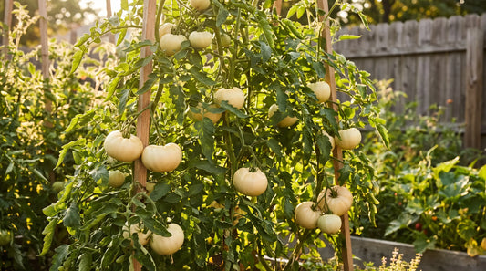 White Beefsteak tomato plant with ripe fruit