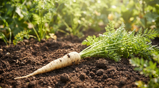 A White carrot freshly pulled from the garden
