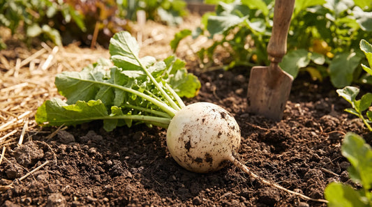 White Globe radish freshly pulled in a sunny garden