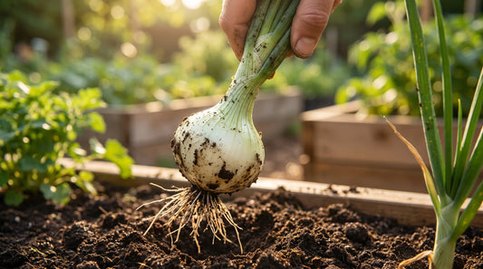 A freshly pulled White Grano onion showing its sweet white top-shaped bulb and roots