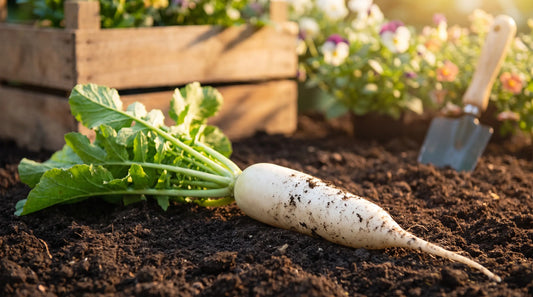 White Icicle radish freshly pulled in a sunny garden