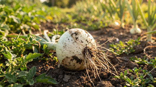 A freshly pulled White Sweet Spanish onion showing its large white globe bulb and roots