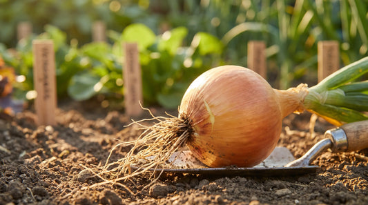 A freshly pulled Yellow Sweet Spanish onion showing its large yellow storage globe and roots