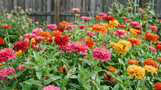 A cutting-garden bed of zinnias in full bloom with a butterfly