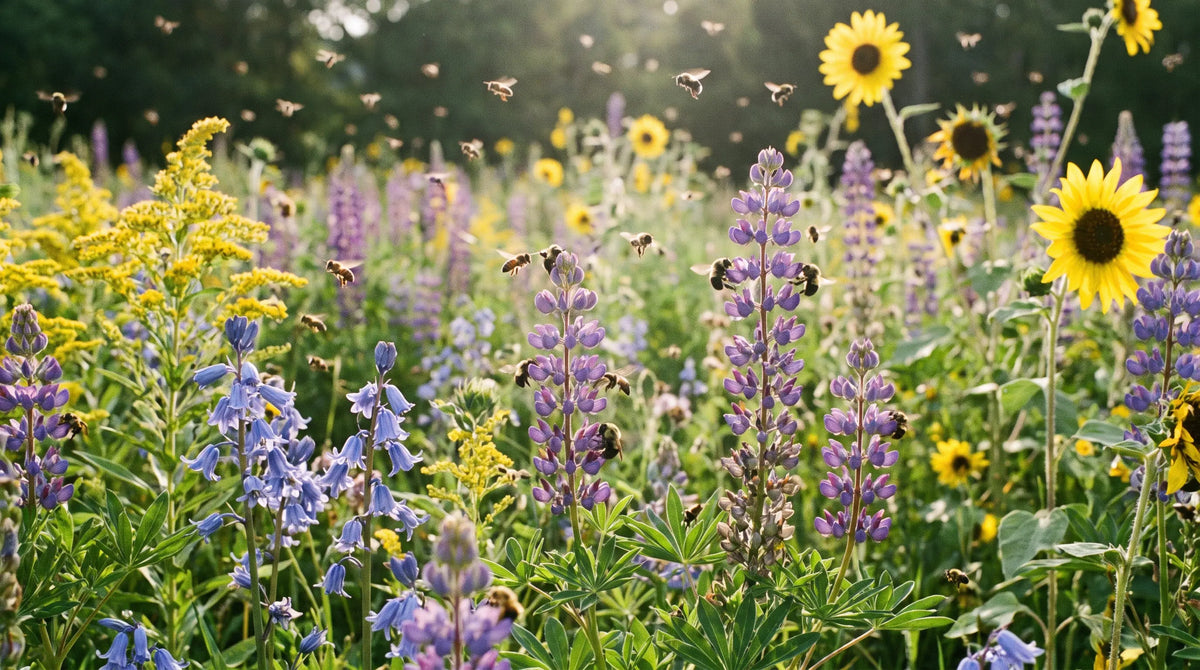 A sunny wildflower patch buzzing with honeybees and bumblebees on purple, blue and yellow blooms