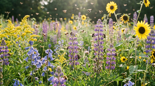 A sunny wildflower patch buzzing with honeybees and bumblebees on purple, blue and yellow blooms