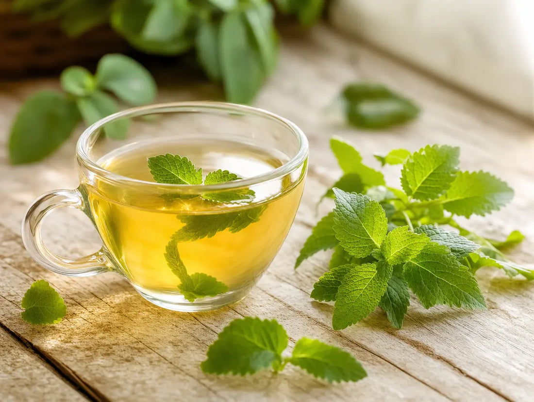 A cup of freshly brewed lemon balm herbal tea with fresh lemon balm sprigs