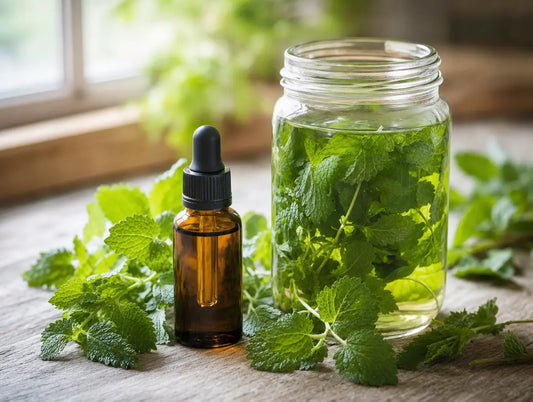 A homemade lemon balm tincture in an amber dropper bottle with fresh lemon balm