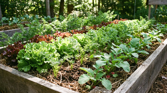 Rows of green and red lettuce interplanted with carrots and radishes in a garden bed