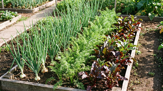 Onion companion plants growing beside carrots and beets in a garden bed - Organo Republic