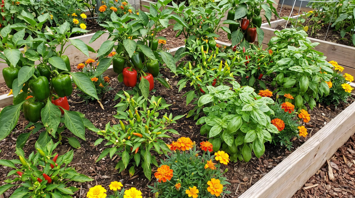 Bell and chili pepper plants growing in a garden bed interplanted with basil and marigolds
