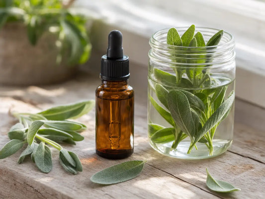 A homemade sage tincture in an amber dropper bottle with fresh sage