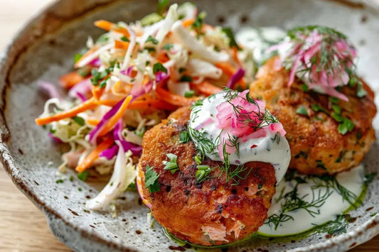 Salmon Cakes With Chimichurri Sauce & Turnip & Cabbage Slaw With Yogurt Dressing - Organo Republic